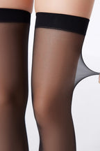 Vertical Line Jacquard Black Thigh-High Stockings