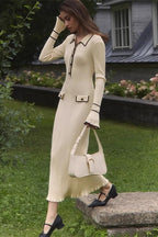 Ruffled Knit Collared Fitted Sweater Dress