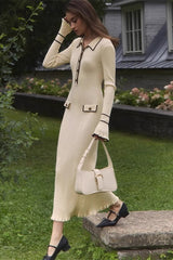 Ruffled Knit Collared Fitted Sweater Dress