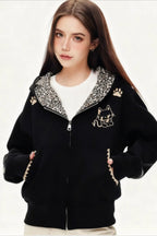 Cat Ear Leopard Lined Zip Up Hoodie
