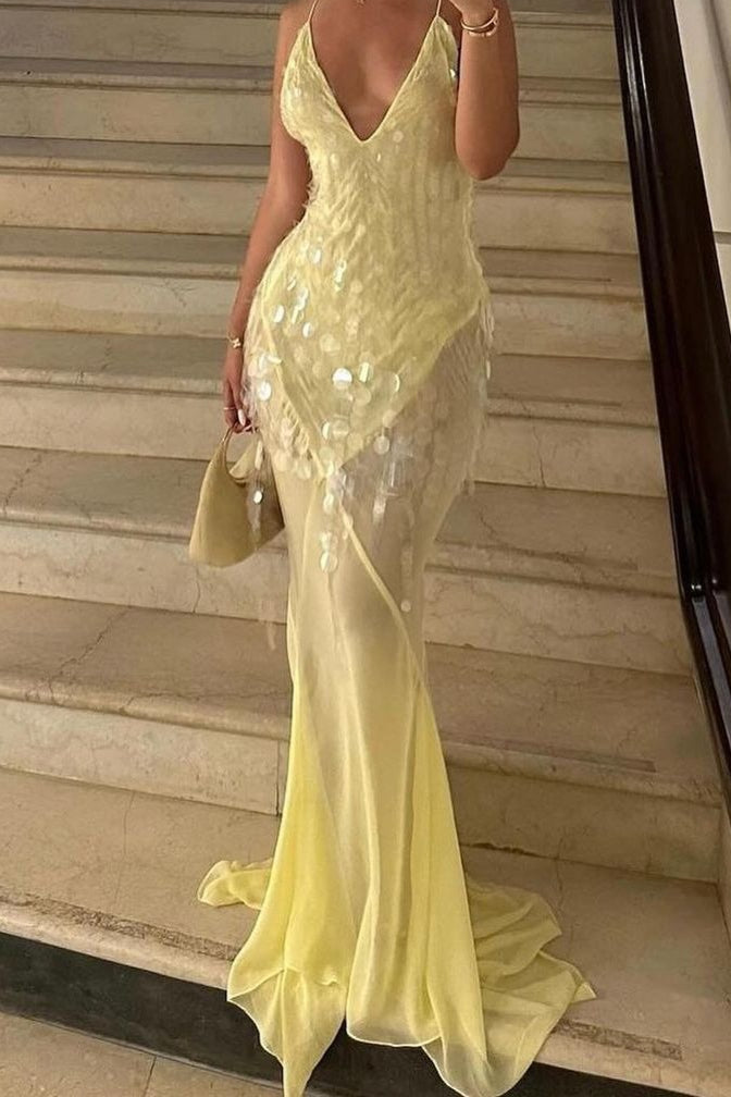Sequin Mermaid V Neck Maxi Dress S / Yellow Main image