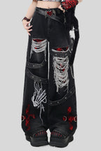 Gothic Ripped Strap Embellished Barrel Leg Jeans