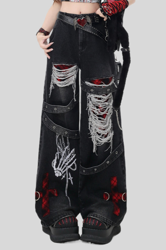 Gothic Ripped Strap Embellished Barrel Leg Jeans