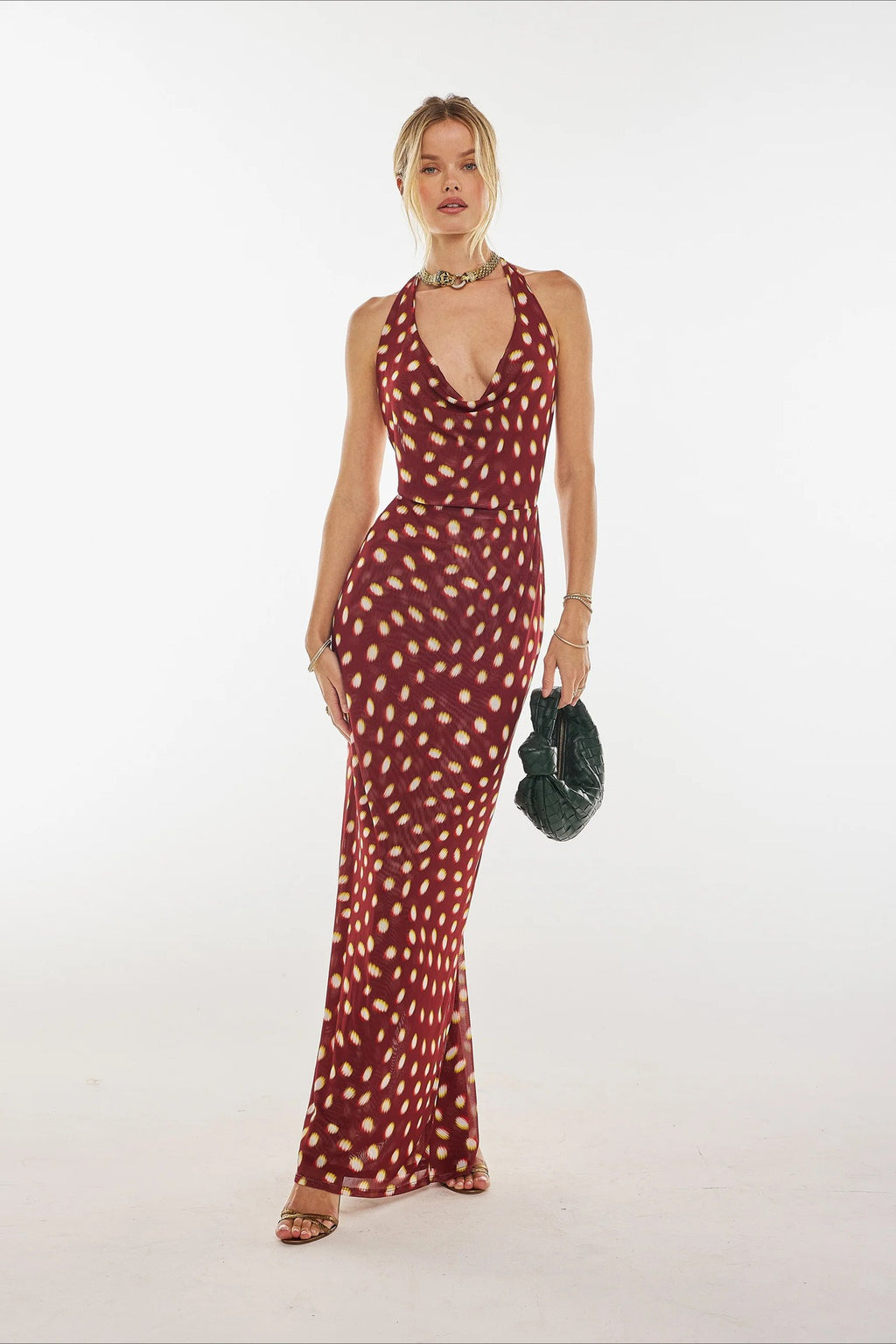 Red Polka Dot Halter Waist Cinched Maxi Dress