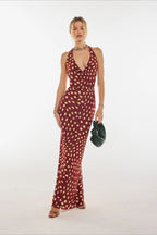 Red Polka Dot Halter Waist Cinched Maxi Dress