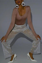 Rhinestone Mesh Trim Wide Leg Pants