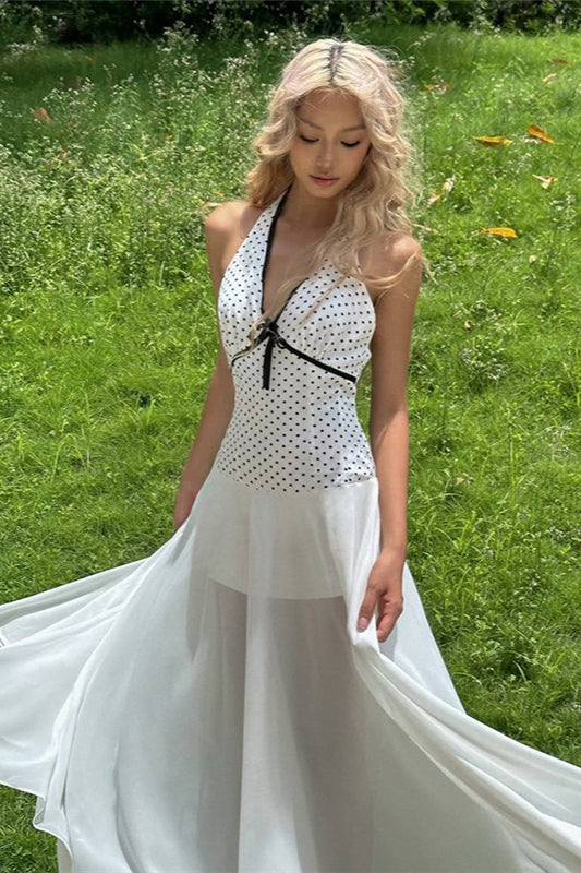 Floral Print Polka Dot Backless Tie Maxi Dress Main image