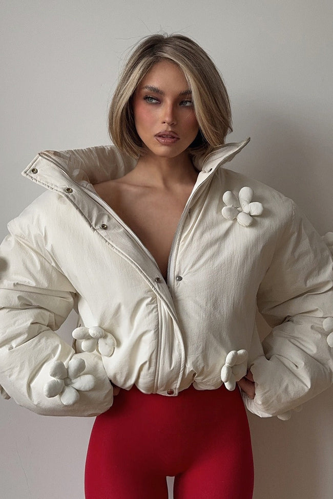 3D Floral Cropped Hooded Puffer Jacket S / White Main image
