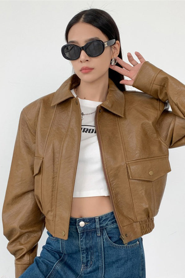 Short PU Leather Notch Lapel Jacket Main image