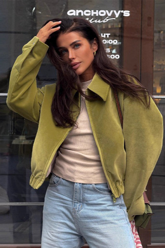 Cropped Suede Lapel Casual Jacket S / Green Main image