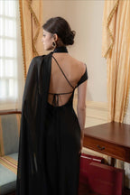 Elegant Satin Slant Neck Sheath Formal Dress S / Black