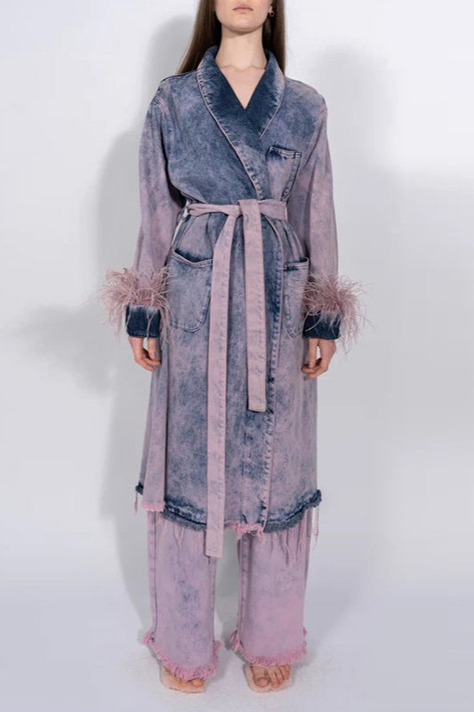 Denim Ostrich Feather Trim Belted Overcoat Secondary image