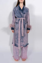 Denim Ostrich Feather Trim Belted Overcoat