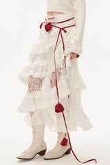 Hot Girl Lace Tiered Mesh Stylish Slim Midi Skirt