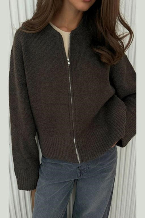 Casual Solid Color Zip-Up Loose Fit Knit Sweater Main image