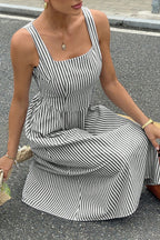 Elegant Striped Square Neck Vacation Dress
