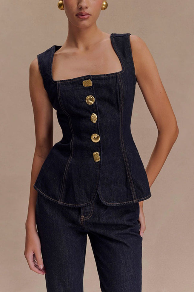 Button Front High Waist Denim Two Piece Vest Pants Set Main image