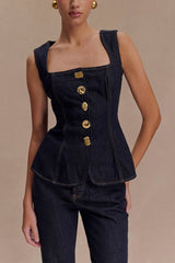 Button Front High Waist Denim Two Piece Vest Pants Set