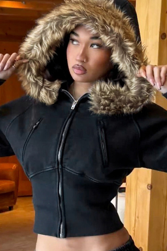 Street Style Fur Trim Sweatshirt Jacket Black / S Main image