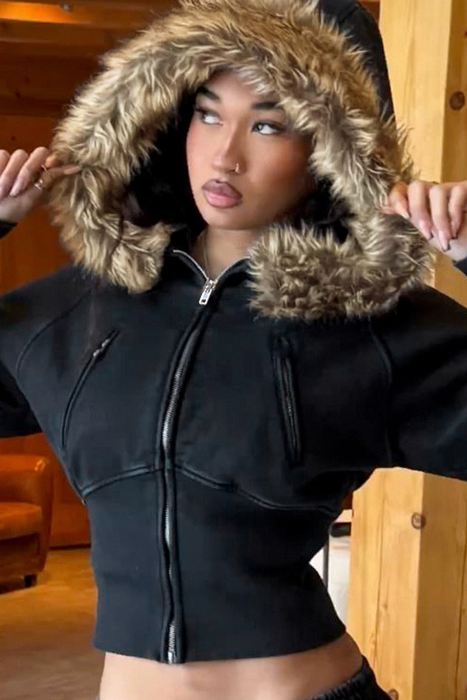 Street Style Fur Trim Sweatshirt Jacket Black / S Main image