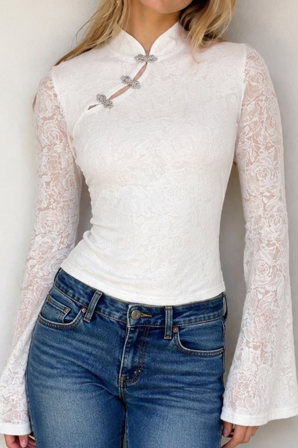 Chinese Knot Sheer Lace Bell Sleeve Blouse