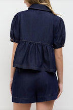 Puff Sleeve Denim Top Low Rise Shorts Set