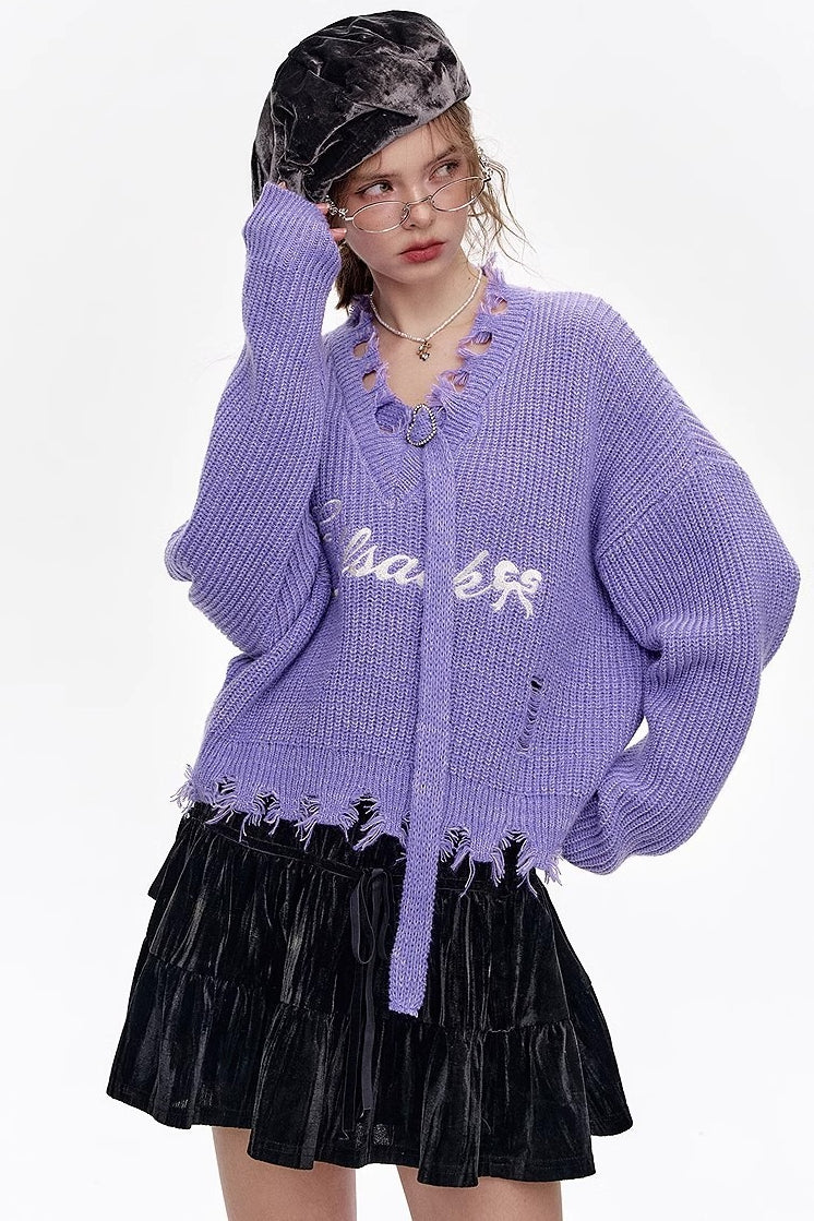 Red Embroidered Raw Edge Wool Blend Sweater