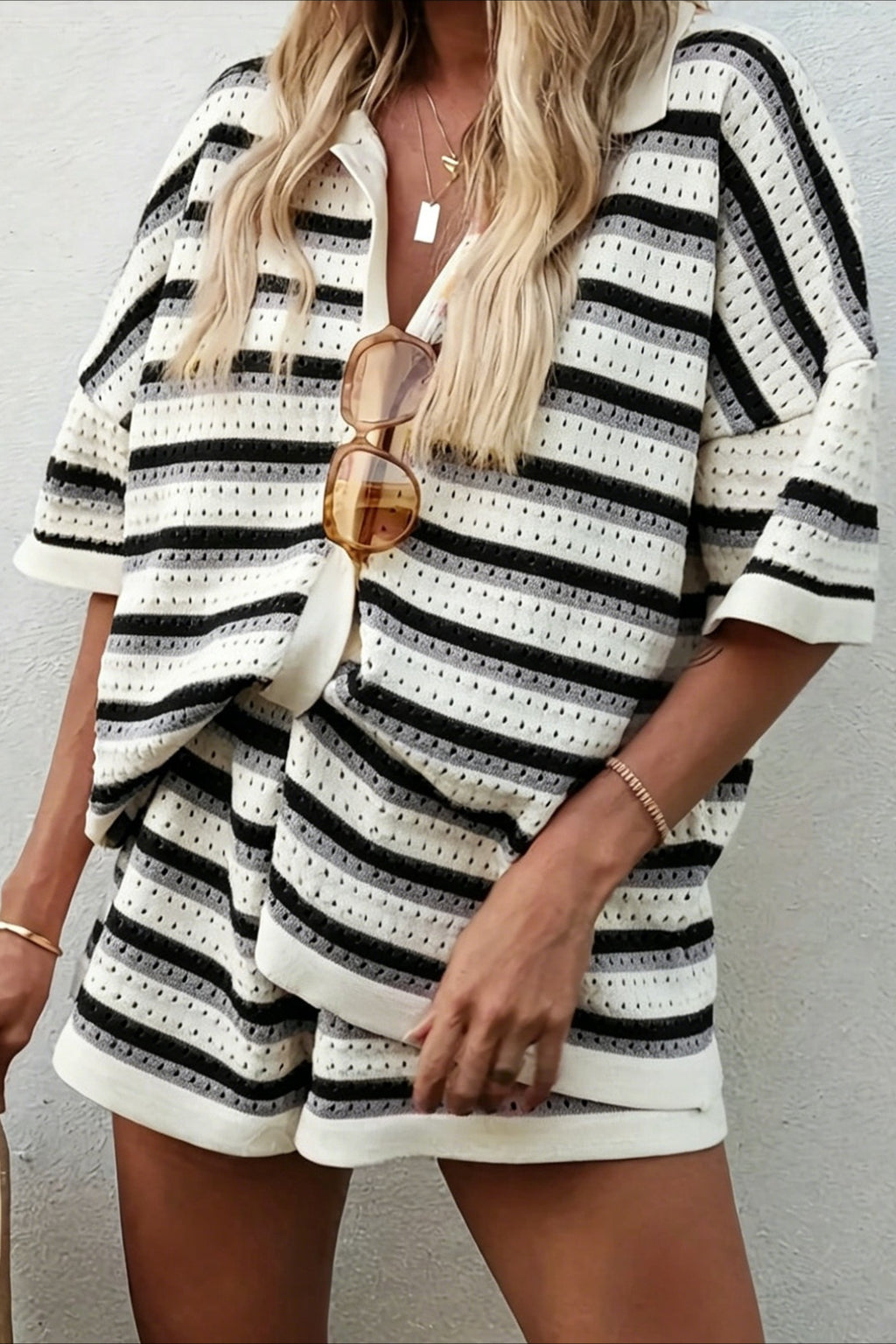 Striped Color Block Knit Shorts Set
