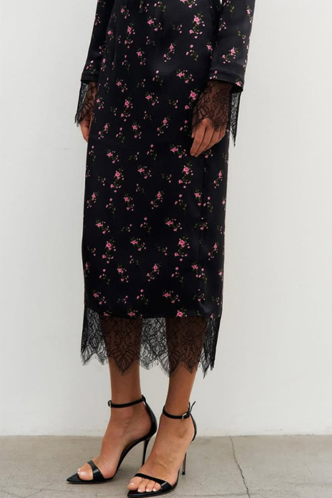 Button Front Floral Long Sleeve Blouse Skirt Set