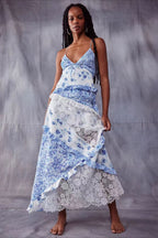 Floral Lace Panel Deep V Spaghetti Strap Maxi Dress