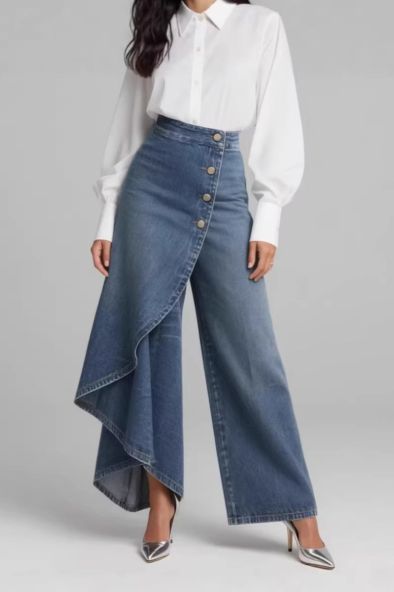 Washed Denim Button Detail Relaxed Long Jeans