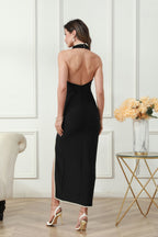 Pearl Embellished Halter Neck Formal Dress