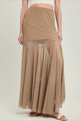 High Waist Tiered Mesh Insert Asymmetrical Skirt