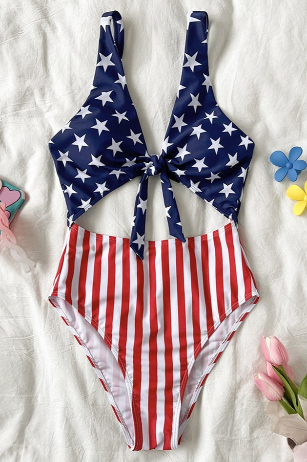 US Flag Cutout Tie Cross One Piece Swimwear