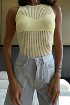 Yellow Hollow Out Knit Crop Tank Top