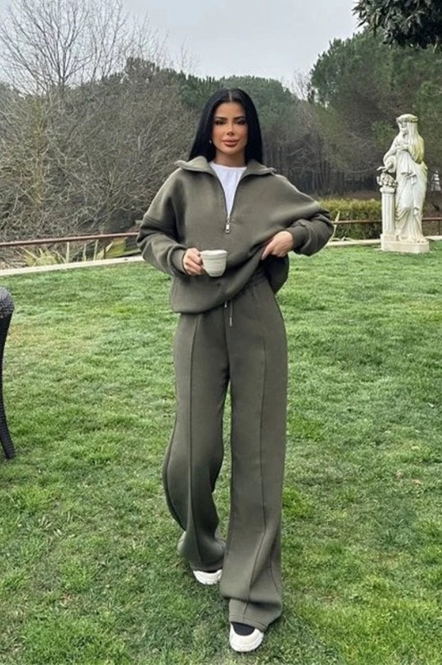 Half Zip Sweatshirt Wide Leg Pants Set