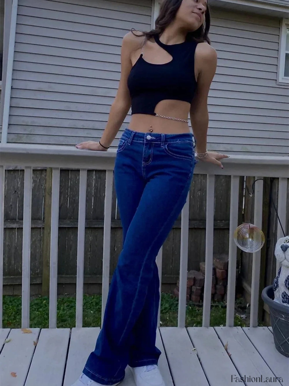 Chain Cut Out Rib Knit Asymmetrical Crop Top