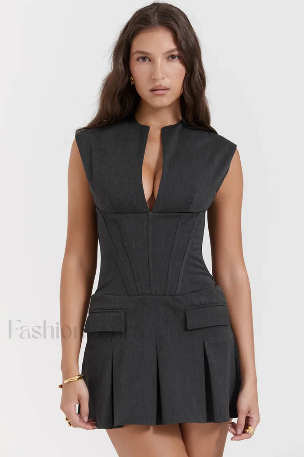Charcoal Gray Stylish Pleated Belted Dress XS / Charcoal Gray