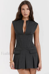 Charcoal Gray Stylish Pleated Belted Dress XS / Charcoal Gray