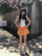 Checkered Bubble Drawstring Lounge Skirt Orange / S