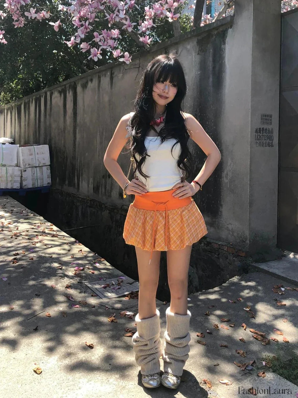 Checkered Bubble Drawstring Lounge Skirt Orange / S