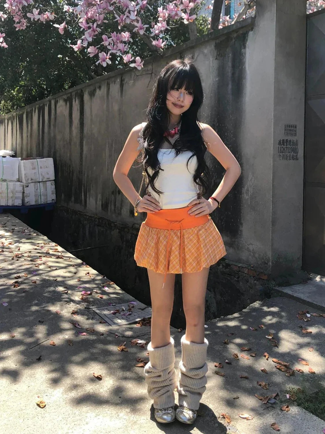 Checkered Bubble Drawstring Lounge Skirt Orange / S