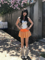 Checkered Bubble Drawstring Lounge Skirt Orange / S