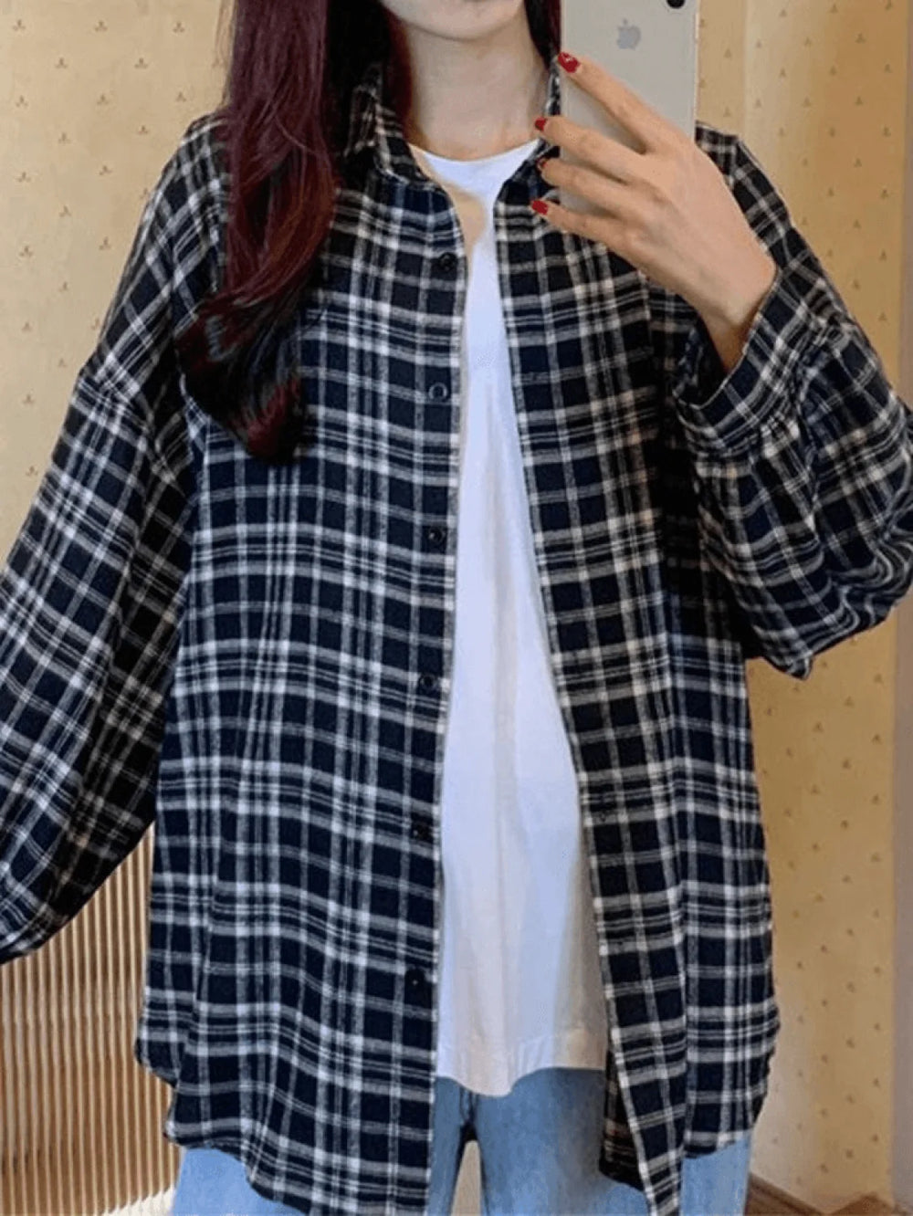 Checkered Long Sleeve Blouse Black / S Shirts