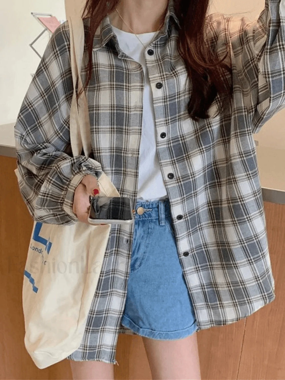 Checkered Long Sleeve Blouse Gray / S Shirts