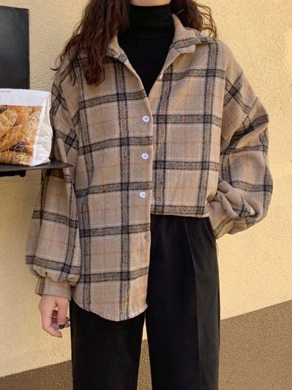Checkered Print Button Blouse Shirts