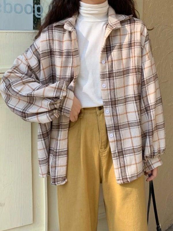 Checkered Print Button Blouse Camel / S Shirts Main image