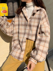 Checkered Print Button Blouse Shirts