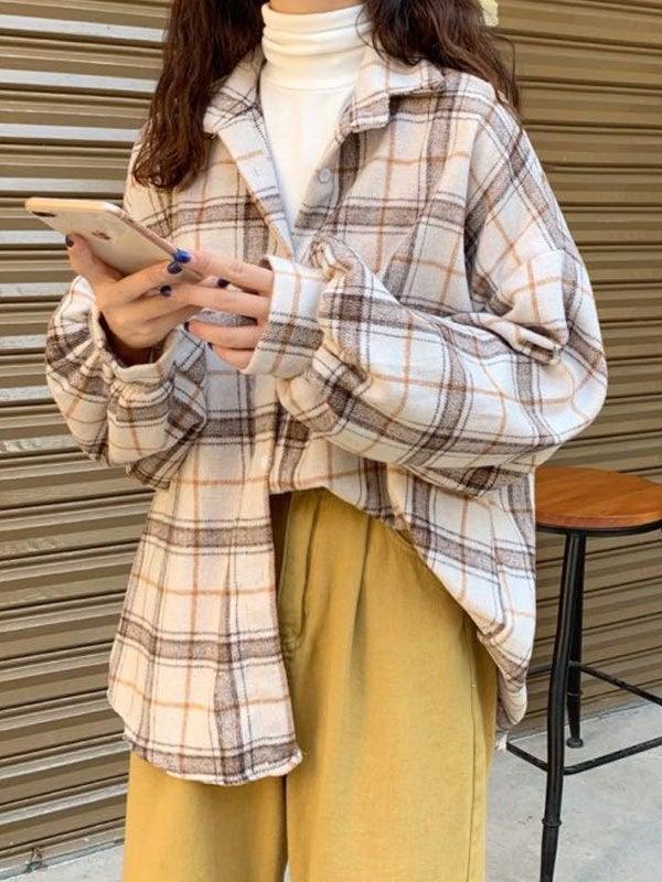 Checkered Print Button Blouse Shirts