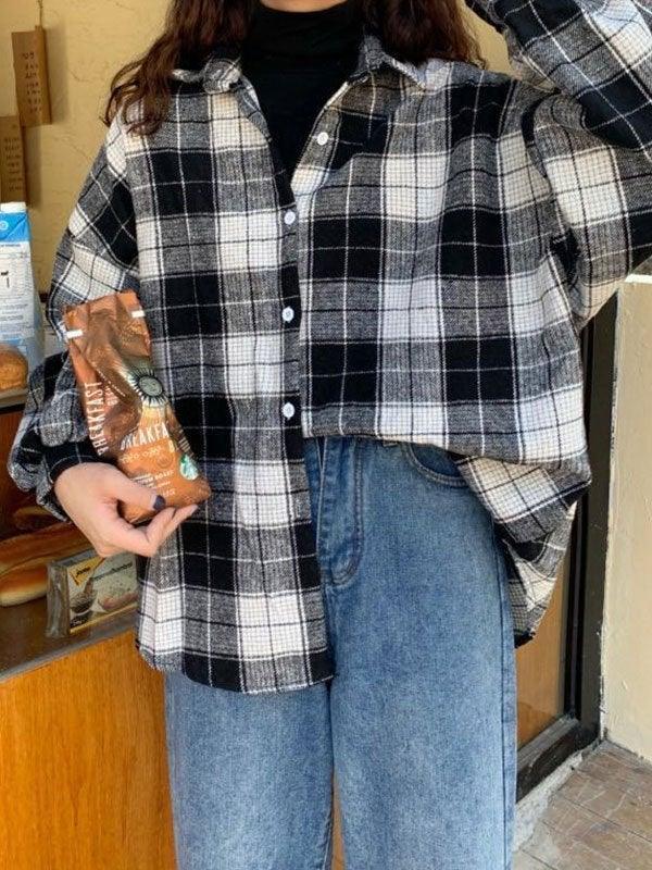 Checkered Print Button Blouse Shirts